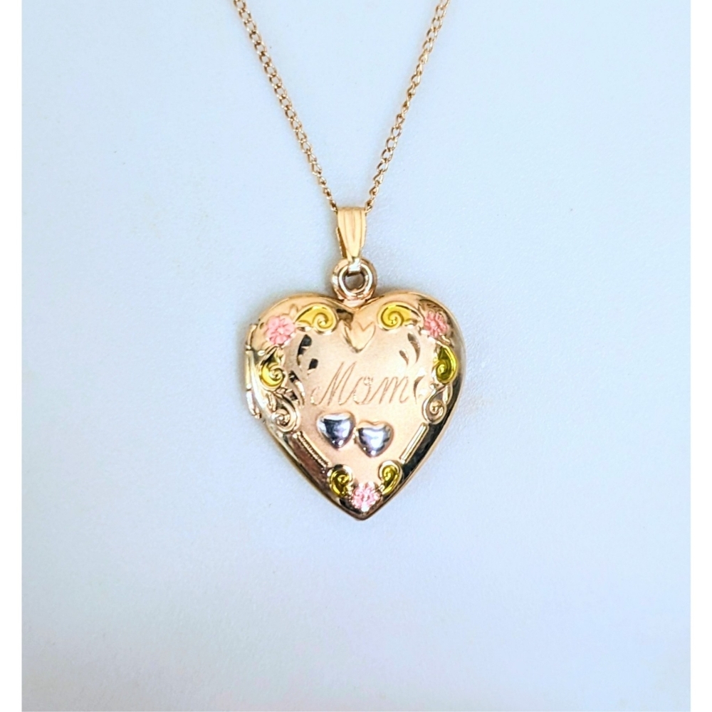1/20 14k Yellow Gold Filled MOM Heart Locket w/ Pink Flowers Vintage Necklace